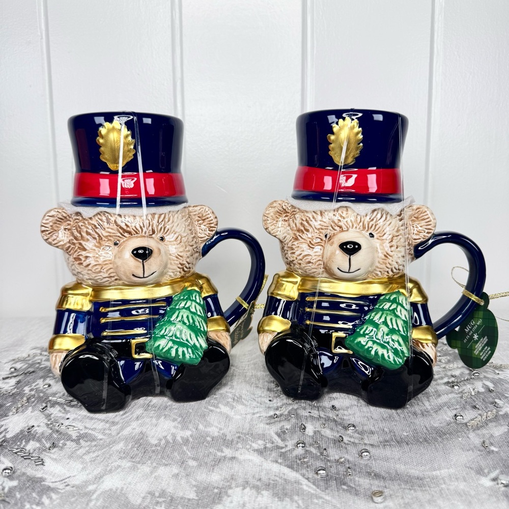 Nutcracker Bear Holiday Mugs - Navy and Gold